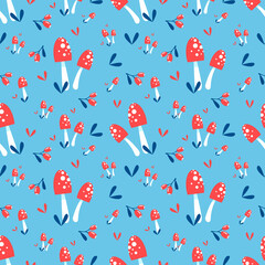 seamless pattern with mushrooms, berries and leaves. Natural fashion print
