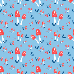 seamless pattern with mushrooms, berries and leaves. Natural fashion print
