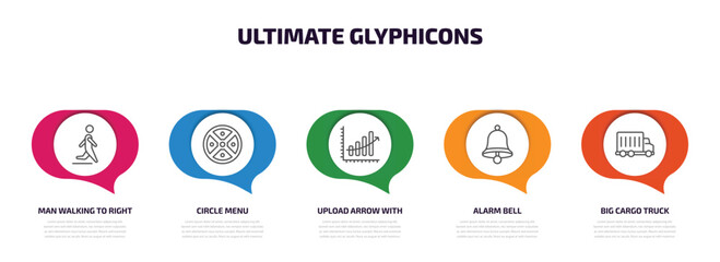 ultimate glyphicons infographic element with outline icons and 5 step or option. ultimate glyphicons icons such as man walking to right, circle menu, upload arrow with bar, alarm bell, big cargo