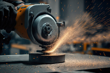 Sparks fly from cutting metal with grinder machine. Image created by generative AI