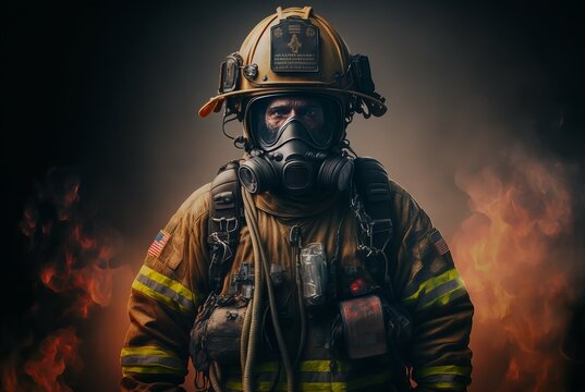 Depiction of Firefighter, A Hero. Post-produced generative AI digital illustration. 