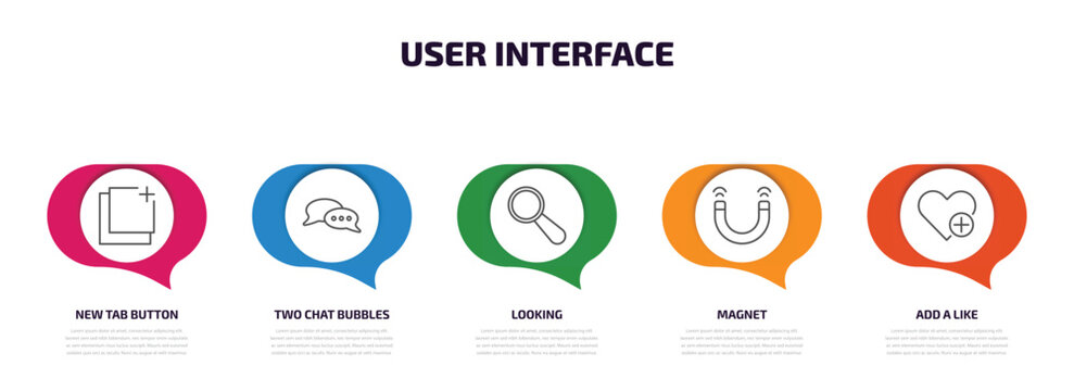 User Interface Infographic Element With Outline Icons And 5 Step Or Option. User Interface Icons Such As New Tab Button, Two Chat Bubbles, Looking, Magnet, Add A Like Vector.