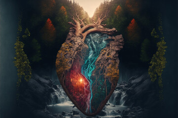 Heart with double exposure of the forest and waterfall