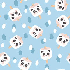 kawaii panda bear face marshmallow on a pastel blue boho background. Kids sweet food seamless pattern for wrapping paper, fabric and textile print. Vector illustration.