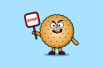 Cute Cartoon mascot illustration Cookies with stop sign board vector drawing   