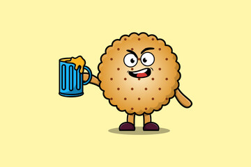Cute Cookies cartoon mascot character with beer glass and cute stylish design flat illustration
