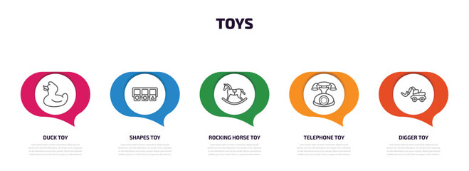 toys infographic element with outline icons and 5 step or option. toys icons such as duck toy, shapes toy, rocking horse toy, telephone digger vector.