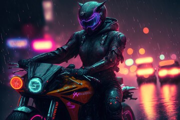 A woman with a purple neon-lit helmet sits on an orange motorcycle in a neon-colored city during a rainy night, generative ai