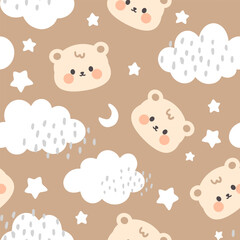 Cute brown teddy bear happy face with clouds and stars in the sky on a pastel background. Kawaii animals kids seamless pattern, fabric and textile print design