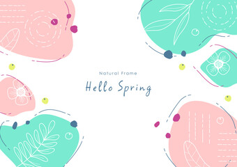 花と葉っぱの手描きフレーム 春の背景イラスト