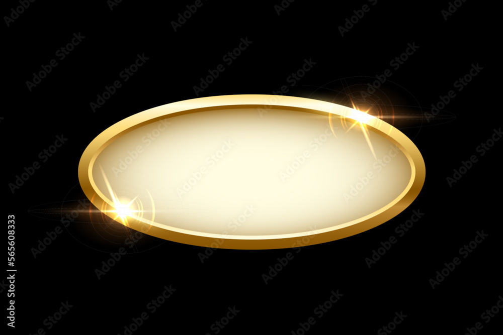 Poster 3d plate button of ellipse shape with golden frame vector illustration. Realistic isolated website element, golden glossy label for game UI, oval badge of navigation menu with light effect on border