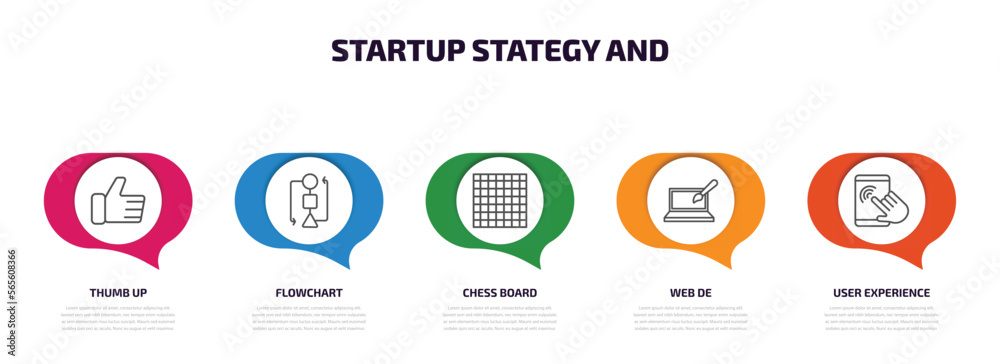 Poster startup stategy and infographic element with outline icons and 5 step or option. startup stategy and
