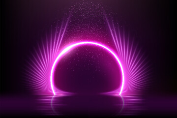 Pink light wings with glowing on black background. Violet neon bright flare lines shining vector illustration. Purple shiny ring with mirror reflection on water. Motion flow effects with blur