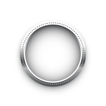 Silver coin vector illustration. 3d realistic steel money cash or treasure sign, isolated shiny medal or premium game prize, front view of metal medallion with round border frame on white background