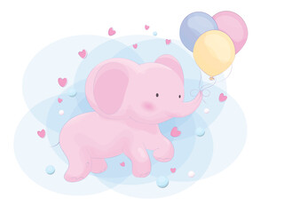 A cute pink elephant carries balloons to his sweetheart.