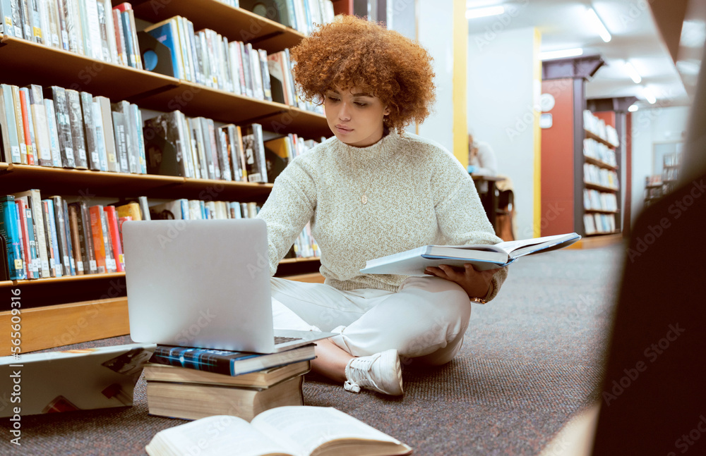 Aufkleber student learning, laptop research and black woman in library working on the floor with books. readin