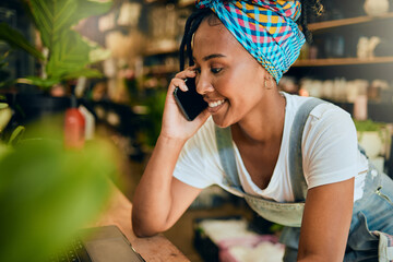 Phone call, small business or black woman talking or networking with startup agro retail supplier....