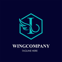 Initial I Letter with Wing Bird in Line Art Style Logo Idea Template