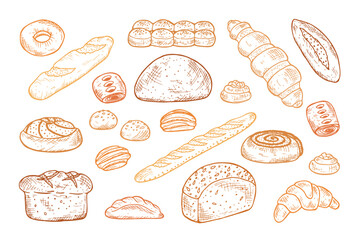 Hand drawn Bakery products and Sweet Pastries Vector Set. Bread, rolls, baguette, donut, pie, croissant