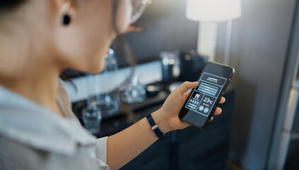 Smart home technology, app and woman with phone dashboard for air conditioning, safety security network or house automation. AI system hud, digital ui screen and girl programming IOT mobile software