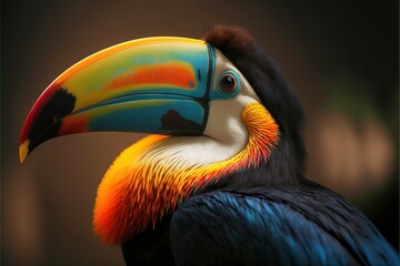 Fototapeta premium a colorful bird with a large beak and a black background is featured in this image with a black background and a black background is also with a black background. generative ai