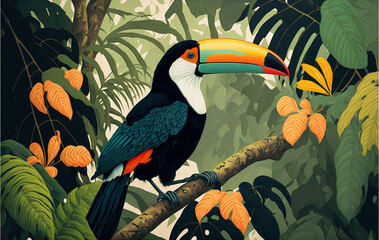 Fototapeta premium a colorful bird sitting on a branch in a jungle with flowers and leaves around it, with a large toucan in the background. generative ai