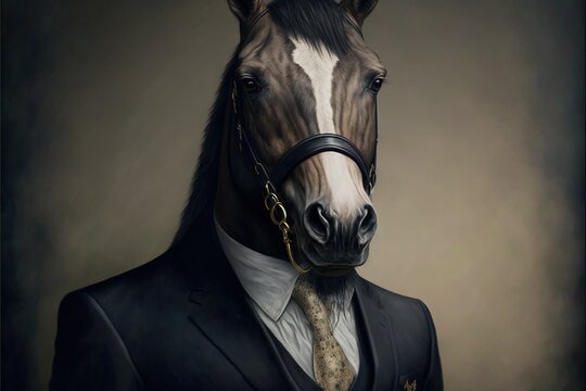  A Horse Wearing A Suit And Tie With A Gold Chain Around Its Neck And A Black Blazer And White Shirt And Tie On It.  Generative Ai