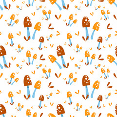 seamless pattern with mushrooms and leaves. Natural fashion print