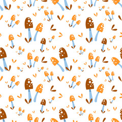 seamless pattern with mushrooms and leaves. Natural fashion print