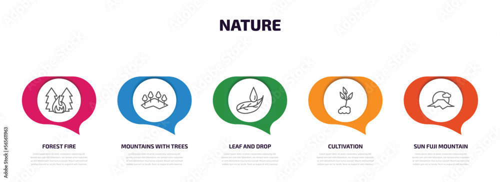 Wall mural nature infographic element with outline icons and 5 step or option. nature icons such as forest fire