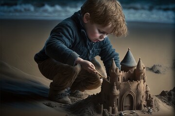  a young boy is building a sand castle on the beach at night time with a flashlight in his hand and a flashlight in his mouth.  generative ai