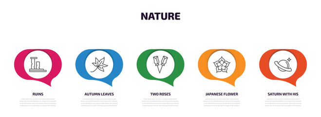 nature infographic element with outline icons and 5 step or option. nature icons such as ruins, autumn leaves, two roses, japanese flower, saturn with his ring vector. © Farahim