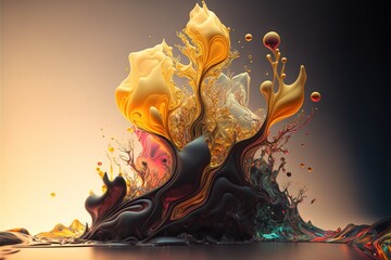  a painting of a tree with yellow and red leaves and water droplets on it's surface, with a yellow background and a black background.  generative ai