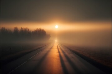 Obraz na płótnie Canvas a long road with the sun shining through the fog and fog on it's sides and trees on the other side of the road. generative ai