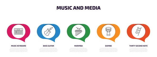 music and media infographic element with outline icons and 5 step or option. music and media icons such as music keyboard, bass guitar, marimba, djembe, thirty second note rest vector.