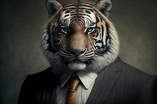 A tiger wearing a suit and tie