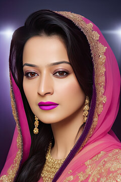 Generative AI portrait of indian woman in colorful traditional kameez pink dress and gold jewelry 