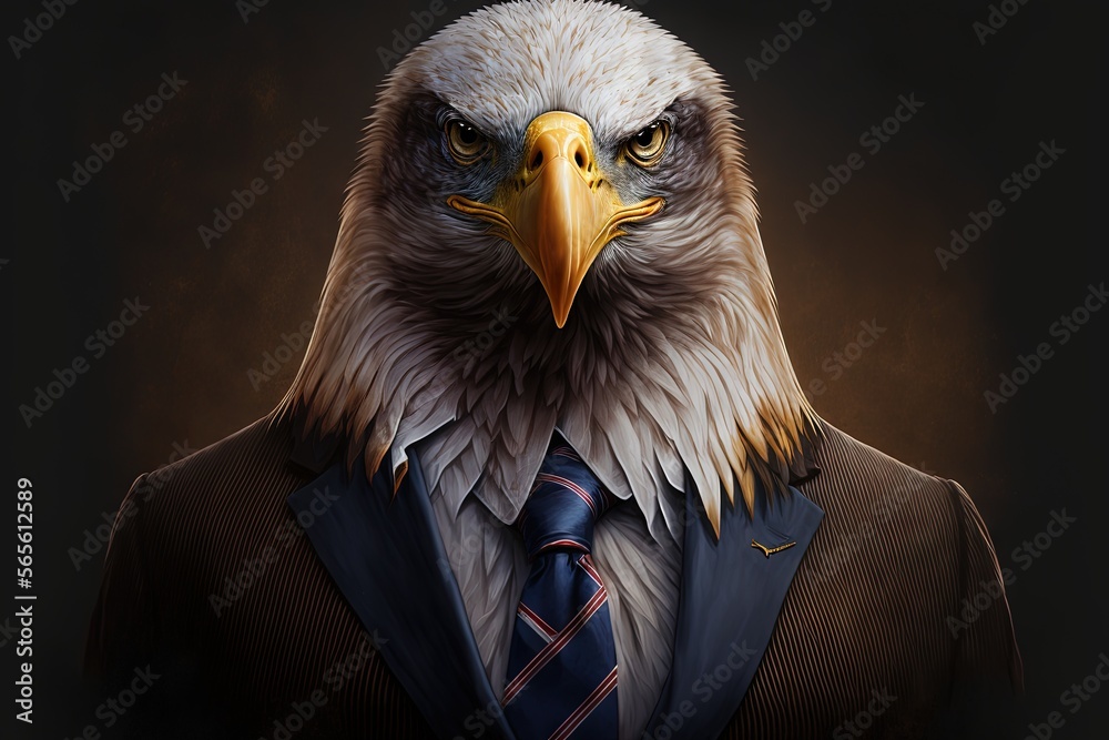 Wall mural a bald eagle wearing a suit and tie with a dark background and a black background with a white and y