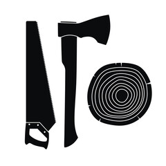 Wood saw, hatchet, saw cut wood black and white image. Harvesting of logs.