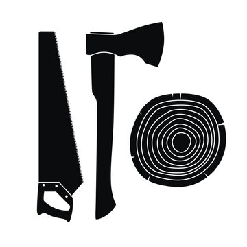 Wood saw, hatchet, saw cut wood black and white image. Harvesting of logs.