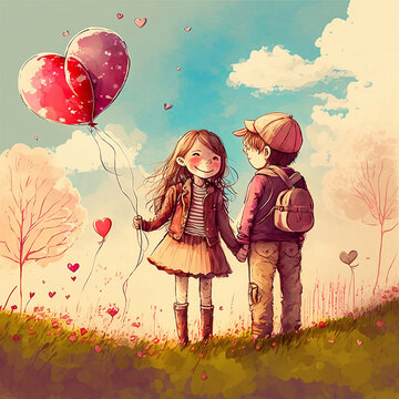 Cute cartoon couple in love on Valentine`s Day holding hands with heart balloon, valentines day (Generative AI) 