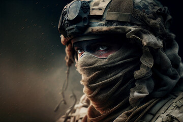 Army soldier in Combat Uniforms with assault rifle, plate carrier and combat helmet, close-up, dark background.