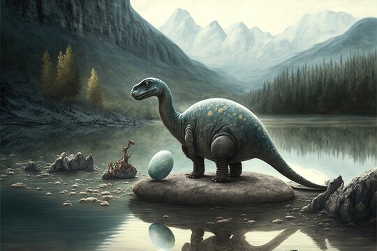  a dinosaur standing on a rock in a lake with a mountain in the background and a lake with a rock in the foreground and a tree line with a.  generative ai