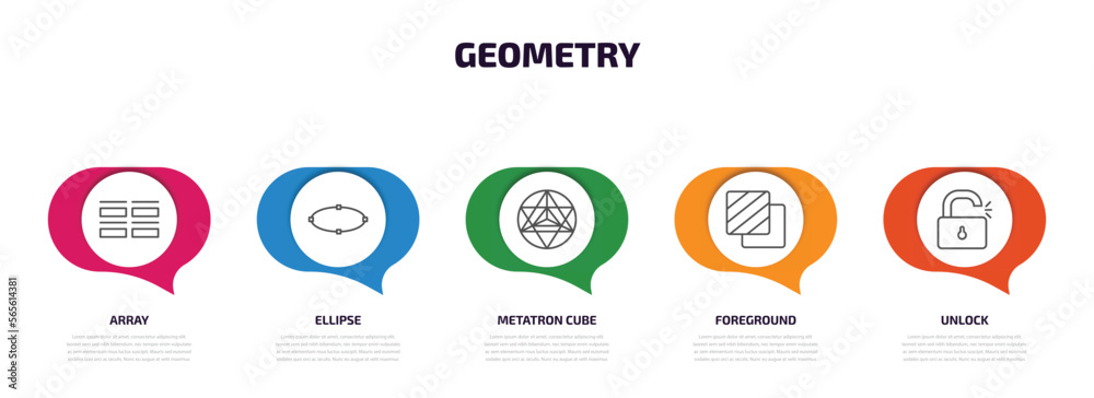 Poster geometry infographic element with outline icons and 5 step or option. geometry icons such as array, 