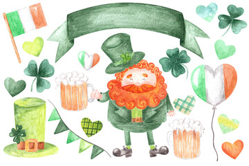 Hand drawn watercolor set with irish red haired man in hat and green suit holding cup of beer, hearts, balloons with Ireland tricolour, clover and  party flags. mock up with copy space, isolated