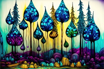  a painting of a forest with blue trees and water in the background and a yellow sky above it with a yellow sky and a blue stream.  generative ai