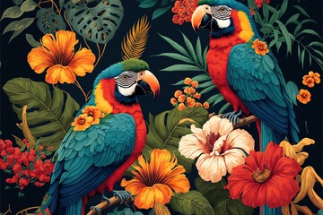 Naklejka premium a painting of two parrots sitting on a branch surrounded by flowers and leaves, with a dark background of orange and yellow flowers and green leaves. generative ai