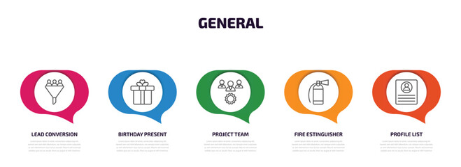 general infographic element with outline icons and 5 step or option. general icons such as lead conversion, birthday present, project team, fire estinguisher, profile list vector.