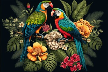 Fototapeta premium two colorful birds sitting on a branch surrounded by flowers and leaves on a black background with a black background behind them is a white and yellow and red. generative ai