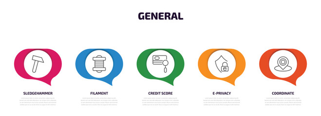 general infographic element with outline icons and 5 step or option. general icons such as sledgehammer, filament, credit score, e-privacy, coordinate vector.